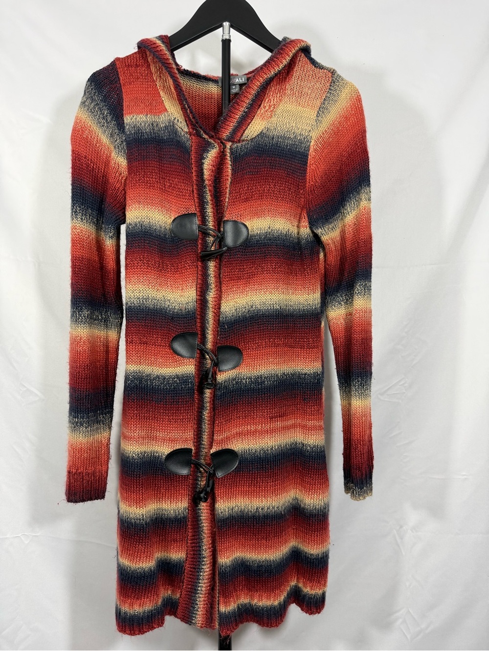 Roz & Ali Striped Knit Hooded Toggle Cardigan Rust Navy Cream M